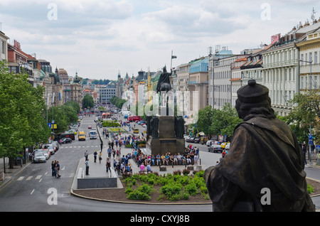 Václavské námestí, Piazza Venceslao con il monumento di Venceslao, Praga, Repubblica Ceca, Europa Foto Stock