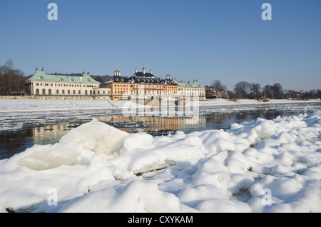 Il quasi congelate sul fiume Elba, un raro fenomeno che offre una vista spettacolare della città, Pillnitz, Dresda, Sassonia Foto Stock