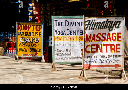 Pannelli pubblicitari che offrono servizi ai turisti, a Rishikesh, Uttaranchal, India, Asia Foto Stock