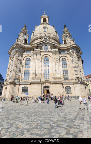 La Frauenkirche, la Chiesa di Nostra Signora, piazza Neumarkt, Dresda, Sassonia Foto Stock