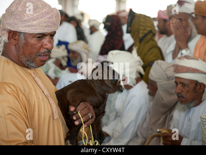 Uomo di foratura di un agnello marrone nel mercato Sinaw, Oman Foto Stock