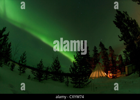 Illuminata, teepee illuminato, tende Tepee, tepee, polare settentrionale luci, Aurora Boreale, verde, vicino a Whitehorse, Yukon Territory, Canada Foto Stock