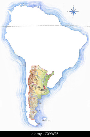 Altamente dettagliate disegnati a mano mappa di argentina entro la sagoma del sud america con una rosa dei venti e l'equatore Foto Stock