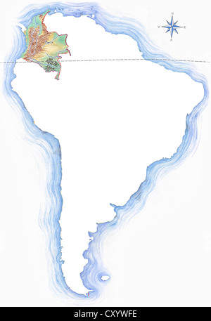 Altamente dettagliate disegnati a mano mappa di colombia entro la sagoma del sud america con una rosa dei venti e l'equatore Foto Stock