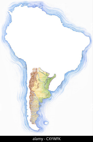 Altamente dettagliate disegnati a mano mappa di argentina entro la sagoma del sud america Foto Stock