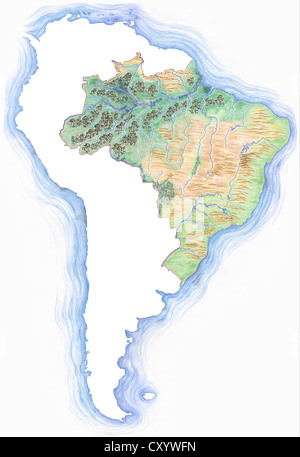 Altamente dettagliate disegnati a mano mappa del Brasile entro la sagoma del sud america Foto Stock