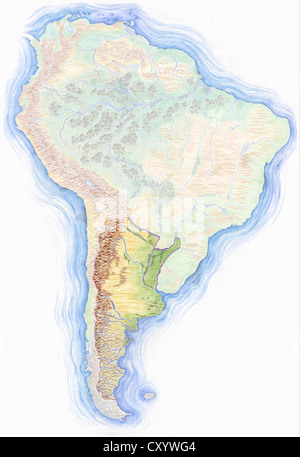 Altamente dettagliate disegnati a mano mappa di sud america con argentina evidenziata Foto Stock