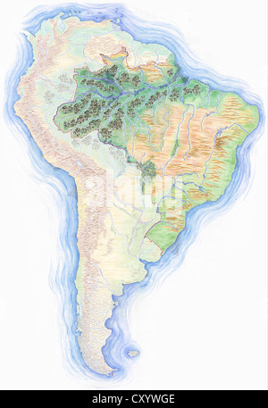 Altamente dettagliate disegnati a mano Mappa di Sud America con il Brasile ha evidenziato Foto Stock