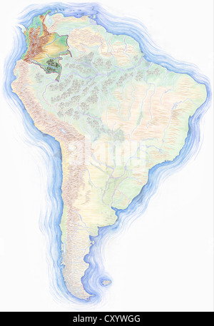 Altamente dettagliate disegnati a mano Mappa di Sud America con la Colombia ha evidenziato Foto Stock