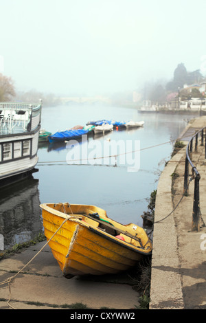 Barca su uno scalo a Richmond sul Tamigi, Surrey, Regno Unito Foto Stock