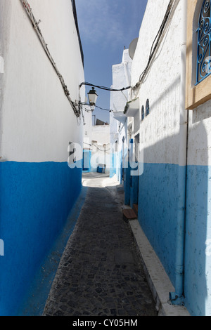 Stretto vicoletto e blue-lavato case nella città vecchia di Rabat, Rabat-Salé-Zemmour-Zaer, Marocco, Africa del Nord, Magreb Foto Stock