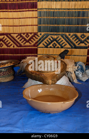 Palmento per la produzione di olio di argan in una cooperativa vicino a Essaouira, regione Marrakech-Tensift-Al Haouz, Marocco Foto Stock