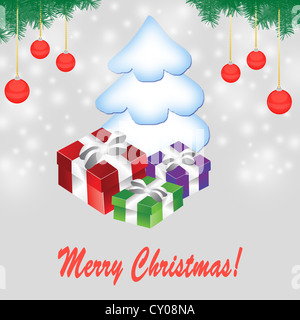 Sfondo di natale con confezioni regalo, albero di Natale e palle, illustrazione vettoriale Foto Stock