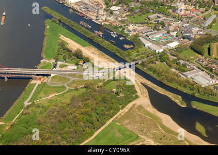 Vista aerea, Lippe river, la ricostruzione della bocca del fiume Lippe, Stadthafen Harbour in Wesel Foto Stock