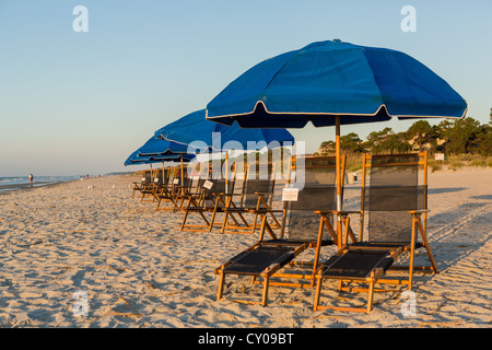 Sedie a sdraio e ombrelloni in spiaggia su Hilton Head Island, SC Foto Stock