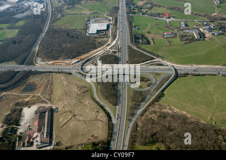 Vista aerea, Breitscheider Kreuz interchange durante la ricostruzione, A3 e A52 autostrade, Ratingen Rheinland Foto Stock