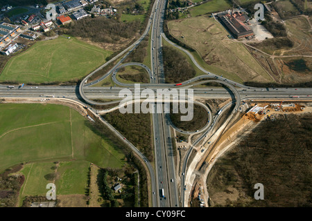 Vista aerea, Breitscheider Kreuz interchange durante la ricostruzione, A3 e A52 autostrade, Ratingen Rheinland Foto Stock