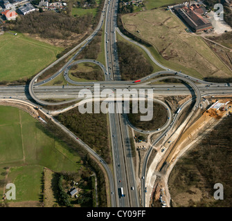 Vista aerea, Breitscheider Kreuz interchange durante la ricostruzione, A3 e A52 autostrade, Ratingen Rheinland Foto Stock