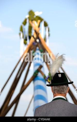 Uomo che indossa il costume tradizionale di guardare il maypole essendo sollevata in Holzhausen sul Lago di Starnberg, quartiere Muensing Foto Stock