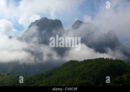 Nebbia di foresta pluviale indugia nella formazione carsica di Khao Sok NATIONAL PARK - SURAI THANI PROVENCE, Thailandia Foto Stock