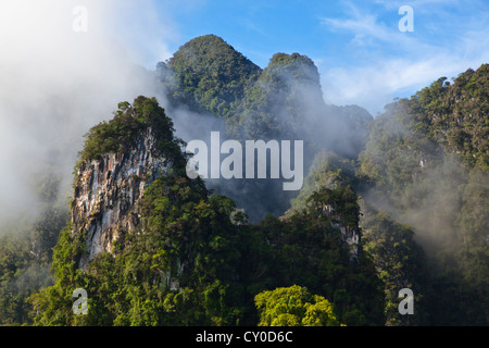 Nebbia di foresta pluviale indugia nella formazione carsica in Khao Sok NATIONAL PARK - SURAI THANI PROVENCE, Thailandia Foto Stock