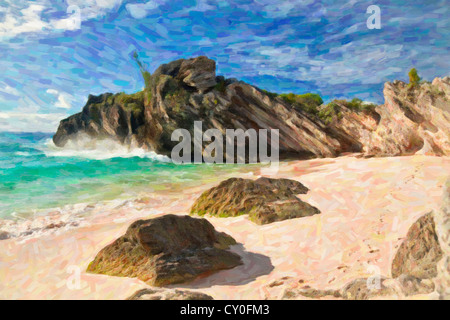 Bella sabbia rosa su di una spiaggia appartata sulla riva sud di Bermuda. Foto Stock