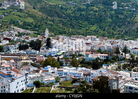 Vista della città, Chefchaouen (Chaouen), Regione Tangeri-Tetouan, Rif Mountains, Marocco, Africa Settentrionale, Africa Foto Stock