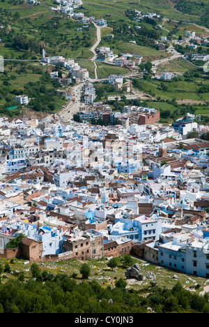 Vista della città, Chefchaouen (Chaouen), Regione Tangeri-Tetouan, Rif Mountains, Marocco, Africa Settentrionale, Africa Foto Stock