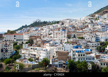 Vista della città, Chefchaouen (Chaouen), Regione Tangeri-Tetouan, Rif Mountains, Marocco, Africa Settentrionale, Africa Foto Stock