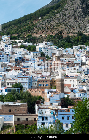 Vista della città, Chefchaouen (Chaouen), Regione Tangeri-Tetouan, Rif Mountains, Marocco, Africa Settentrionale, Africa Foto Stock