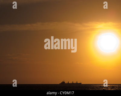 Silhouette di freighter o nave da carico in mare di corallo in GOLDEN SUNSET Foto Stock