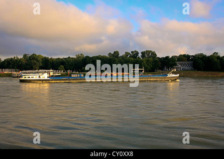 Barca commerciale consente di spostarsi tra i canali del fiume Danubio visto qui a Bratislava Foto Stock
