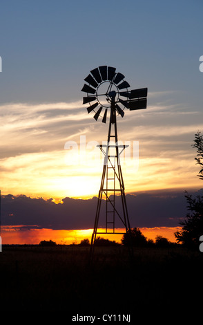 Tipico Outback il mulino a vento di tipo al tramonto in piatta aperta campagna nei pressi di Emerald Queensland Australia Foto Stock