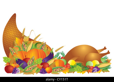 La Giornata del ringraziamento raccolto autunnale Cornucopia con la Turchia la cena festa zucche frutta e verdura illustrazione Foto Stock
