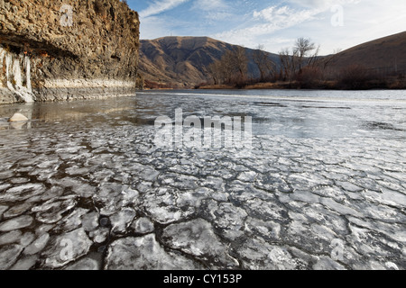 Pancake ghiaccio galleggiante sul Fiume Yakima, di Yakima, Washington, Stati Uniti d'America Foto Stock