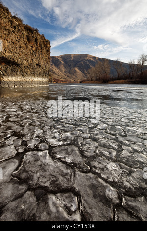 Pancake ghiaccio galleggiante sul Fiume Yakima, di Yakima, Washington, Stati Uniti d'America Foto Stock