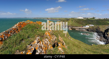 Onde che si infrangono sugli scogli a Mullion Cove, penisola di Lizard, Cornwall, Inghilterra Foto Stock