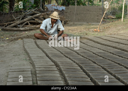 Un lavoratore pulisce i bordi di appena fatte di mattoni di fango. Lombok, Indonesia Foto Stock