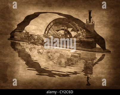 Illustrazione di un grungy steampunk riverboat su uno sfondo color seppia Foto Stock