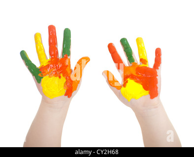 Il Kid's mani dipinte in colori luminosi isolato su bianco Foto Stock