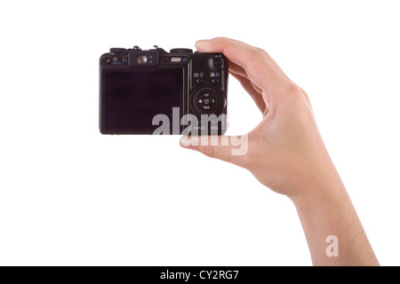Mano a fotografare con una fotocamera digitale isolato su bianco Foto Stock