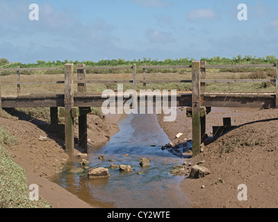 La bassa marea sotto il vecchio ponte di legno sulle barene a Blakeney ha esposto un dedalo di canali e velme. Foto Stock