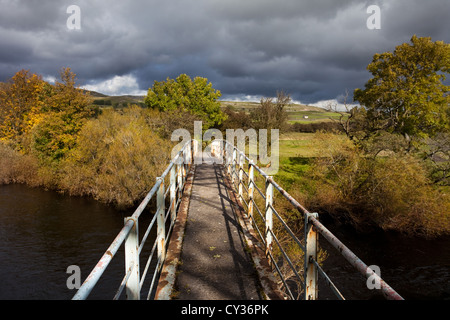 Passerella e vista del fiume di Autunno Gli alberi in autunno sul Fiume Ure vicino Asygarth, North Yorkshire Dales e National Park, Regno Unito Foto Stock