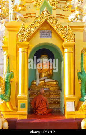 Pregando Monaco in un santuario della Shwedagon pagoda a Rangoon, Myanmar Foto Stock