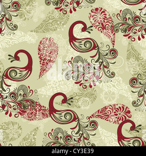 Seamless pattern invernale con pavoni stilizzati e fiocchi di neve Foto Stock