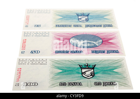 La Bosnia Erzegovina 25 50 100 Dinara banconote Foto Stock