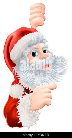 Illustrazione di felice Natale Santa Claus peeping round e puntamento Foto Stock