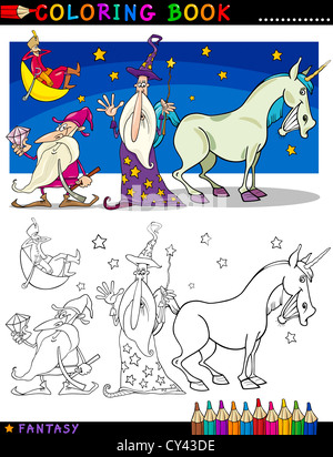 Libro da colorare o pagina Cartoon illustrazione della procedura guidata e nani e Unicorn Personaggi delle Fiabe Foto Stock