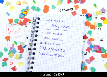 Risoluzioni del nuovo anno elencati nel cerchio notepad Foto Stock