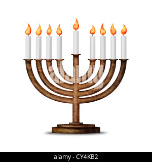 Hanukkah candele tutti candela lite sulla tradizionale Hanukkah menorah isolato su bianco Foto Stock